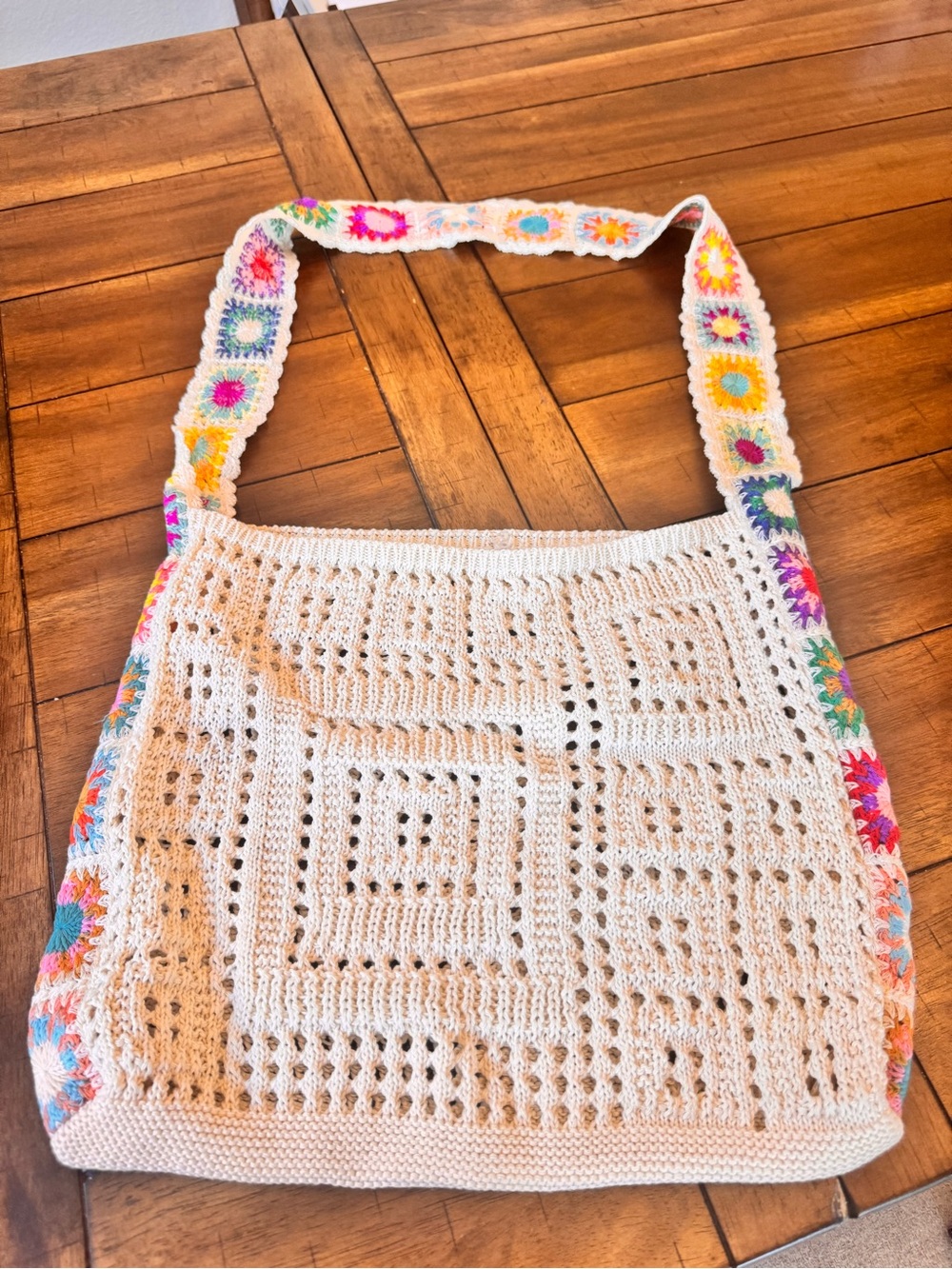 NEW Handcrafted Cream Crochet Tote Bag with Multicolor Strap